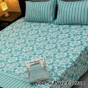Pure Cotton Double Bedsheet with Aqua Blue Floral & Striped Design