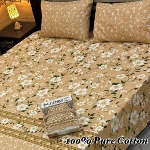 Pure Cotton Double Bedsheet with Beige & White Floral Print
