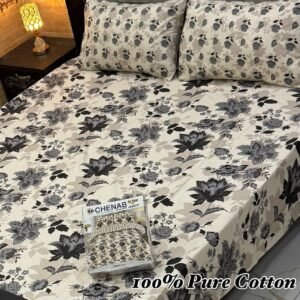 Pure Cotton Double Bedsheet with Black & Grey Floral Print