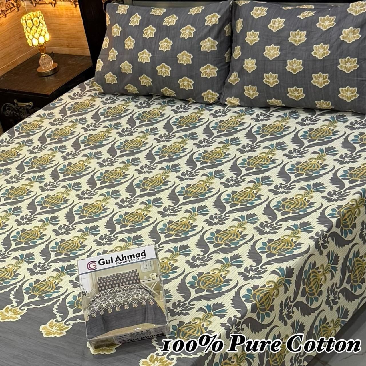 Stylish Grey, Gold & Beige Ornate Floral Print Double Bedsheet for Bedroom