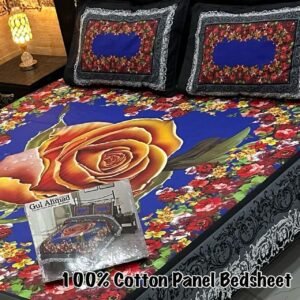 Statement Blue & Red Floral Panel Double Bedsheet with Decorative Border