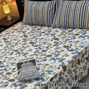 Comfortable Pure Cotton Double Bedsheet with Autumn Leaves & Striped Pillowcases