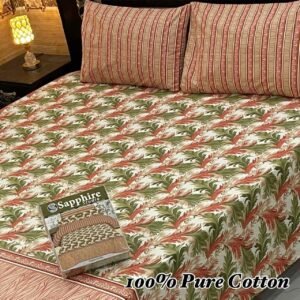 Stylish Green, Orange & White Botanical Print Double Bedsheet for Bedroom