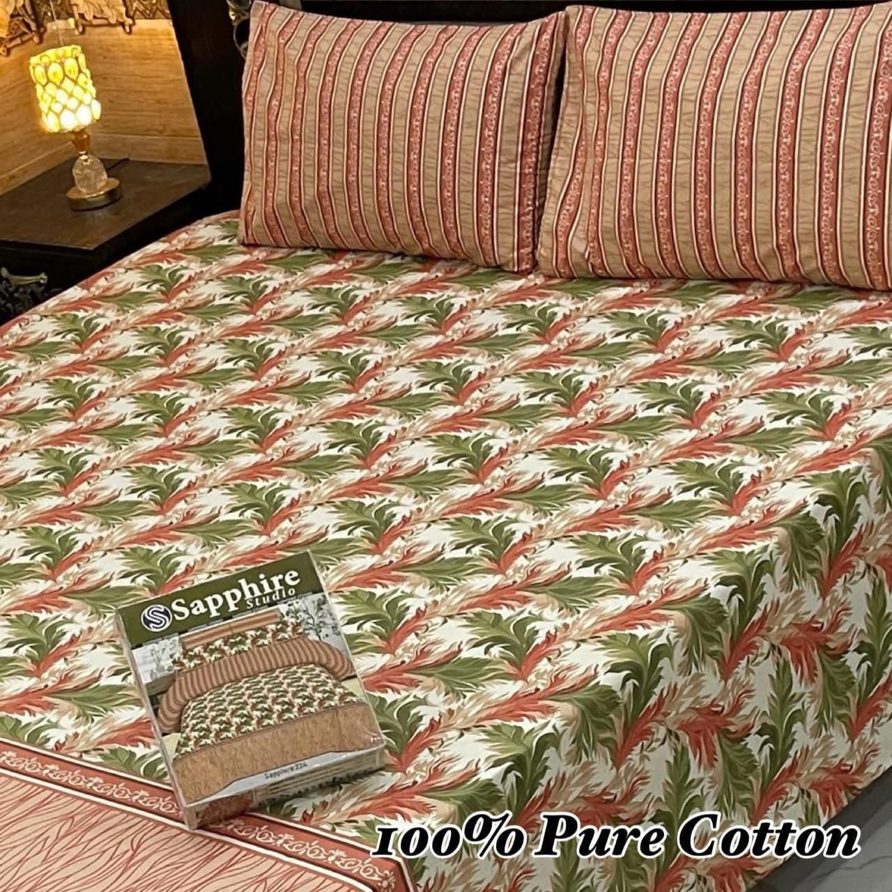 Stylish Green, Orange & White Botanical Print Double Bedsheet for Bedroom