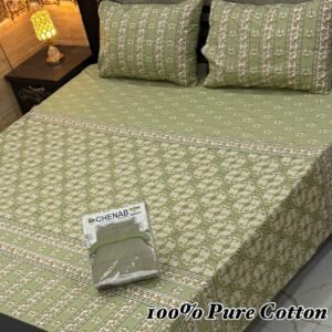 Stylish Sage Green & Gold Motif Print Double Bedsheet for Bedroom