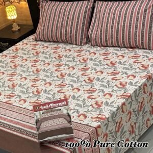 Stylish Red, Grey & White Flower Print Double Bedsheet for Bedroom