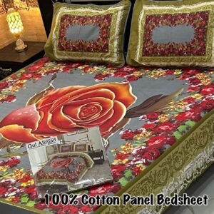 100% Cotton Panel Double Bedsheet - Grand Red Rose & Grey Floral Print