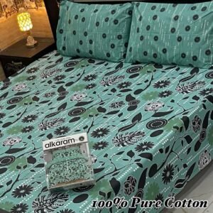 Stylish Aqua Green & Black Modern Floral Print Double Bedsheet for Bedroom