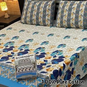 Stylish Blue, Yellow & Grey Flower Print Double Bedsheet for Bedroom