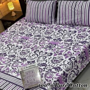 Comfortable Pure Cotton Double Bedsheet - Elegant Purple Motif Design & Striped Accents
