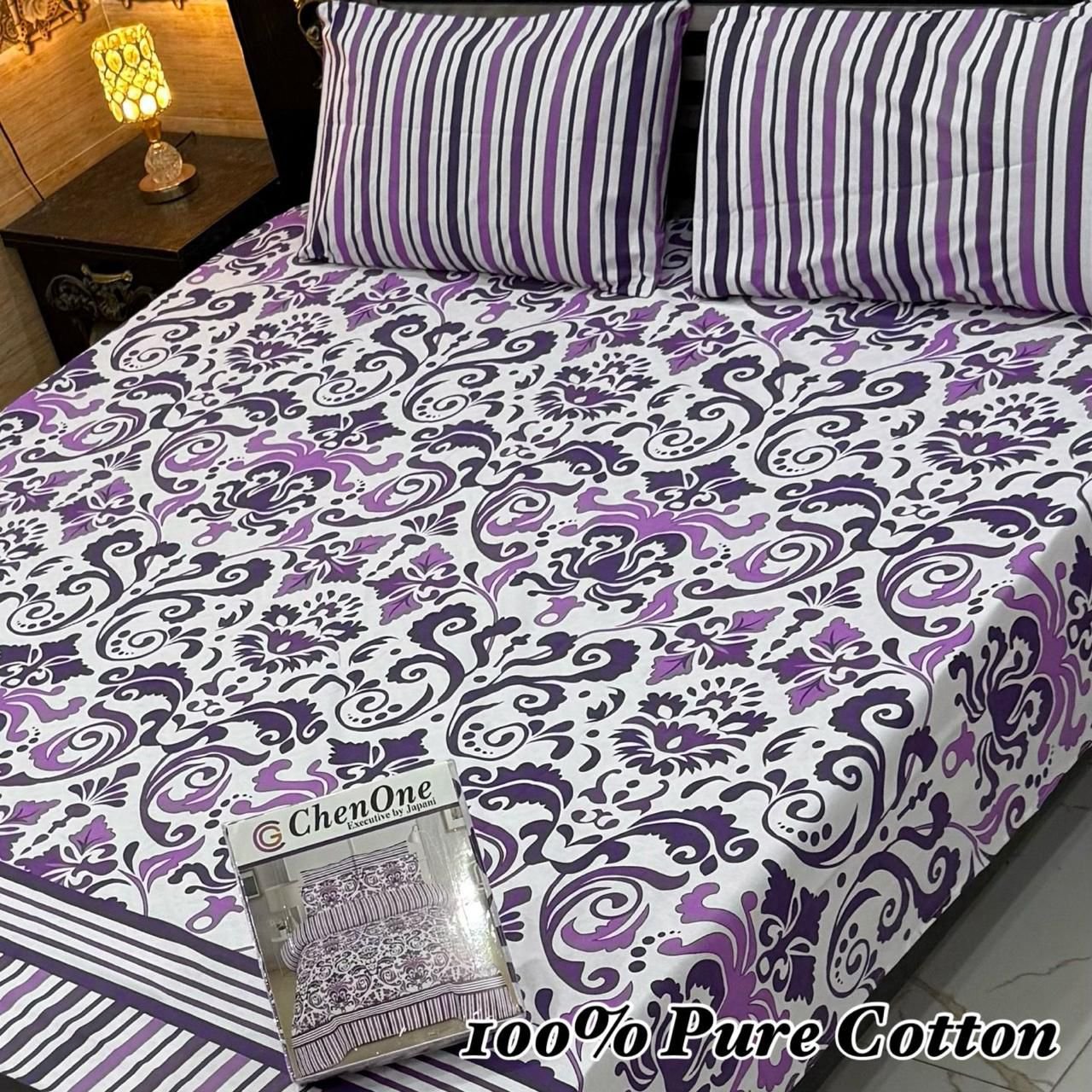 Comfortable Pure Cotton Double Bedsheet - Elegant Purple Motif Design & Striped Accents