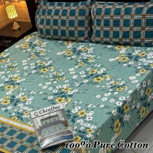 Stylish Green & Yellow Floral Print Double Bedsheet for Bedroom