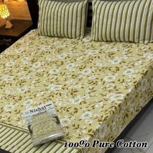 Stylish Beige Green & White Flower Print Double Bedsheet for Bedroom
