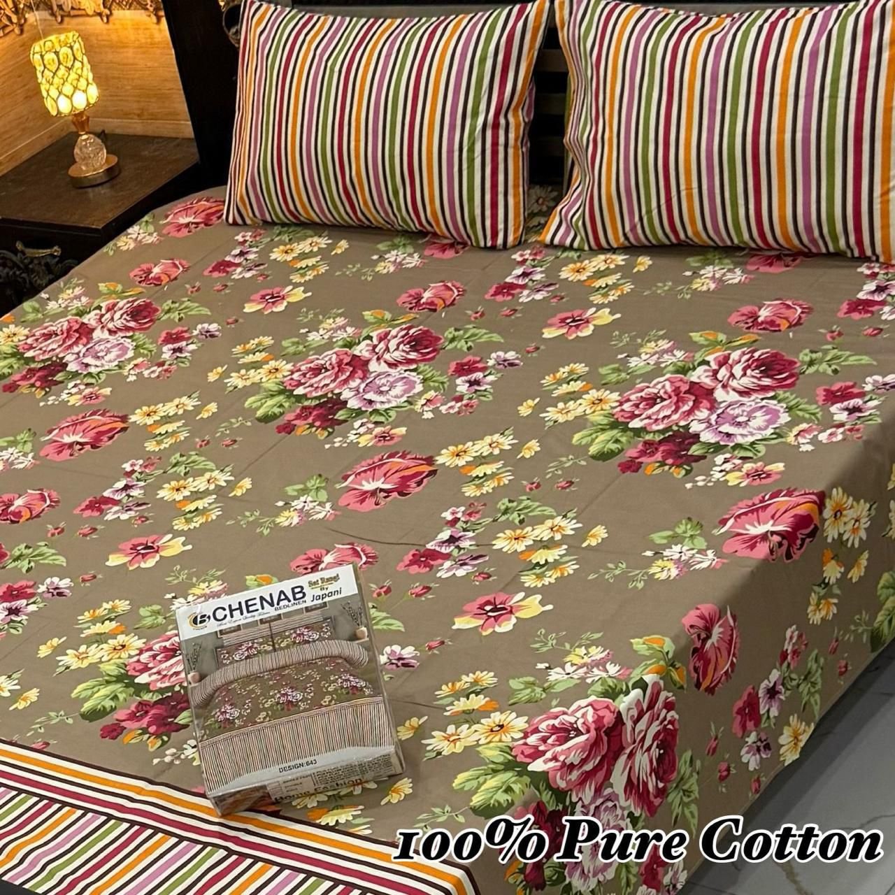 Double Bedsheet Set - Classic Floral Pattern with Bright Striped Accents