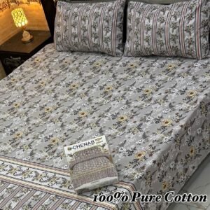 100% Pure Cotton Double Bedsheet - Grey Floral Print with Striped Pillowcases