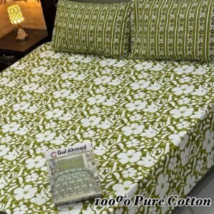 100% Pure Cotton Double Bedsheet - Green & White Floral Print with Striped Pillowcases