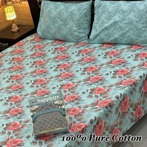 Mint Green Floral Pure Cotton Double Bedsheet - Pink Rose Accents