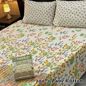100% Pure Cotton Double Bedsheet - Autumn Leaf Print with Dotted Pillowcases