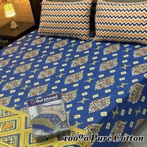 Blue & Yellow Patterned Double Bedsheet
