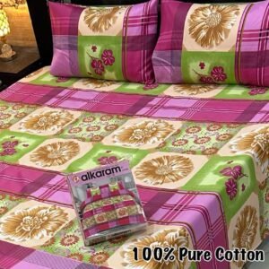 Stylish Pink, Green & Gold Flower Print Double Bedsheet for Bedroom