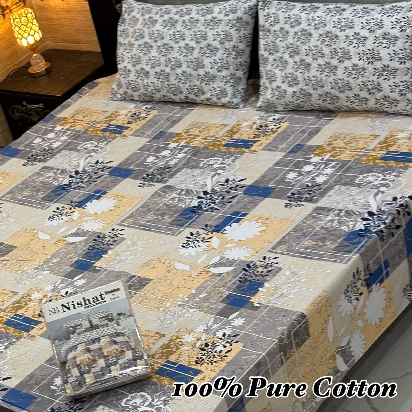 Urban Abstract Floral Double Bedsheet - Geometric Grid Design