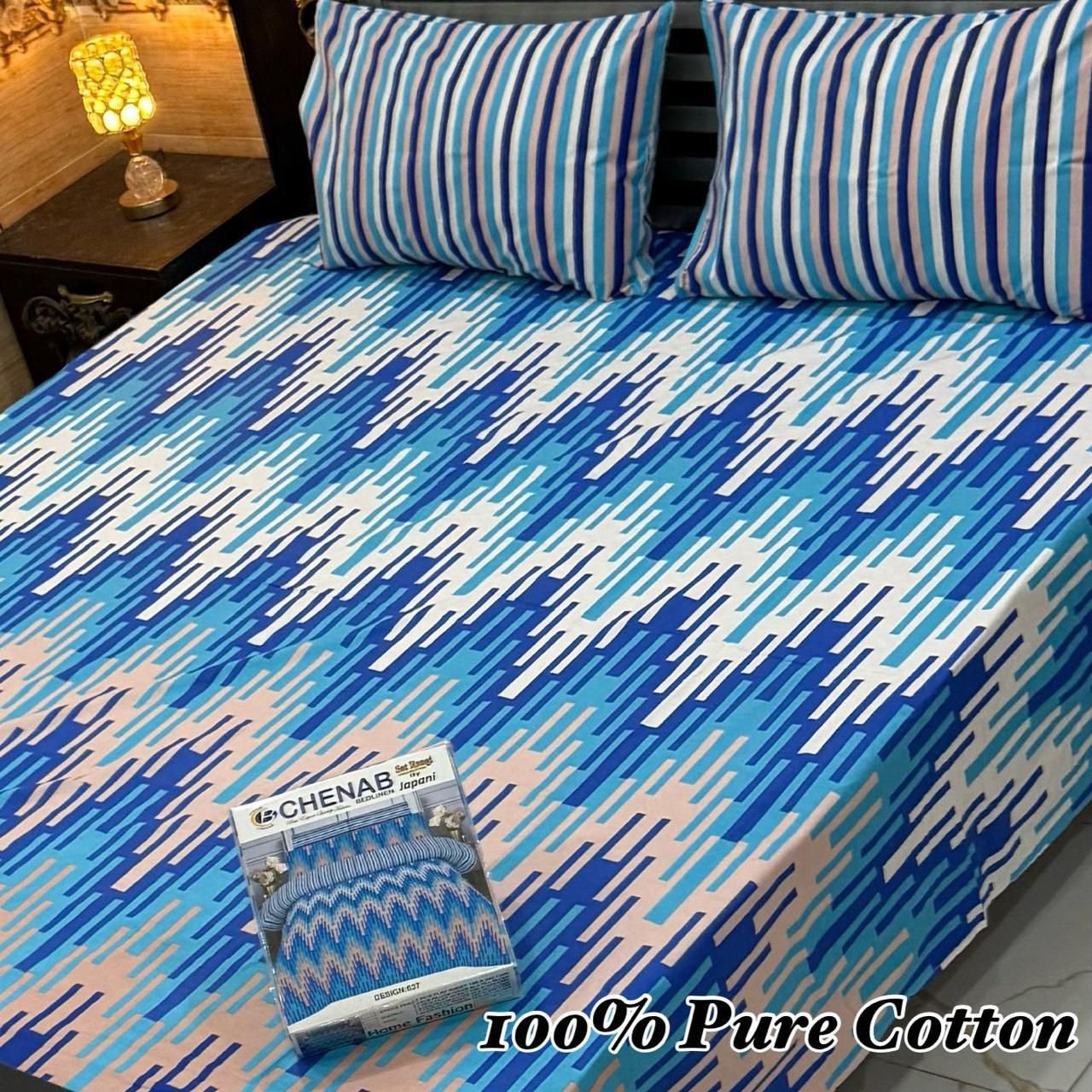 Stylish Blue, White & Pink Abstract Print Double Bedsheet for Bedroom