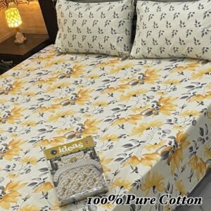 100% Pure Cotton Double Bedsheet - Yellow & Grey Floral Print