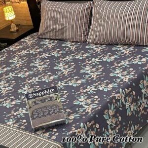 Stylish Charcoal Grey & Pastel Floral Print Double Bedsheet for Bedroom