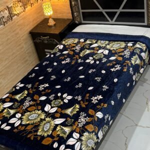 Luxurious Single Bed AC Blanket - Deep Blue with Elegant Floral and Sunflower Design