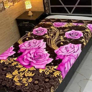 Elegant Single Bed AC Blanket - Brown with Vibrant Pink Roses and Golden Accents