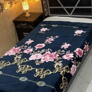 Charming Single Bed AC Blanket - Deep Navy with Pink Floral Design and Golden Embellishments