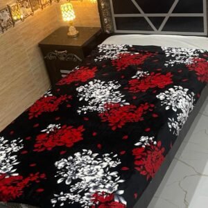 Elegant Single Bed AC Blanket - Black with Red and White Floral Design