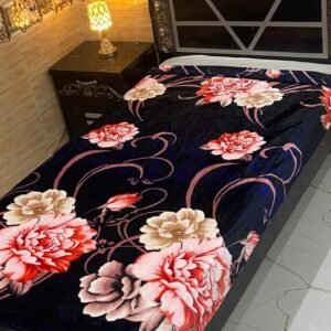 Elegant Single Bed AC Blanket - Deep Blue with Soft Pink and Red Floral Design