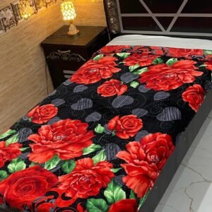 Bold Single Bed AC Blanket - Black with Vibrant Red Roses and Green Leaves
