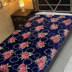 Elegant Single Bed AC Blanket - Navy Blue with Pink Floral and Snowflake Design