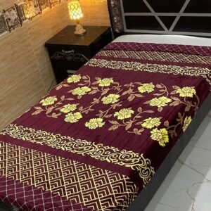 Elegant Burgundy Single Bed AC Blanket – Floral and Geometric Gold Pattern