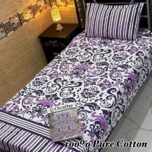 100% Pure Cotton Single Bedsheet – Purple Floral & Stripe Design with Pillow Cover