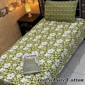 Pure Cotton Single Bed Bedsheet – White Floral Pattern on Olive Green with Pillowcase