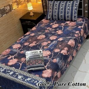 Single Bed Cotton Bedsheet – Artistic Peach Flowers on Navy Background