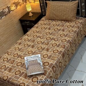 Pure Cotton Single Bedsheet – Elegant Brown Geometric Design with Coordinated Pillowcase