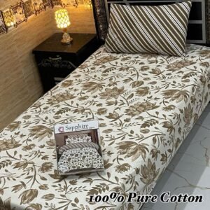 Luxury 100% Cotton Single Bedsheet – Beige Floral Design with Striped Pillowcase