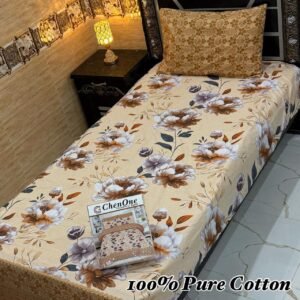 Floral Print Cotton Bedsheet – Beige Base with Brown & Cream Flowers and Pillow Cover