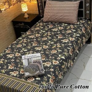 Black Floral Cotton Single Bedsheet – Orange & Cream Design
