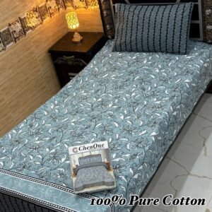 Soft Cotton Bedsheet – Blue Floral Print with White Flowers & Black Stripes