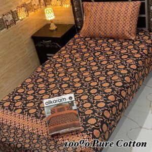 100% Cotton Single Bedsheet – Black with Orange Floral Design