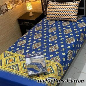 Cotton Single Bedsheet – Blue with Yellow Geometric Pattern