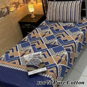 Pure Cotton Single Bedsheet – Blue and Brown Geometric Pattern